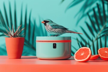 Bird perched on a modern cage