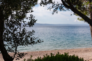 Framed view of serene coastal scene of pebble beach Nugal along Makarska Riviera, Dalmatia, Croatia, Europe. Silhouetted olive branches and foliage create natural border of calm turquoise Adriatic sea