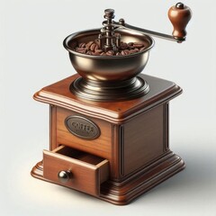 A vintage manual coffee grinder with a wooden base, metal top, and handle, filled with coffee beans. AI generated.