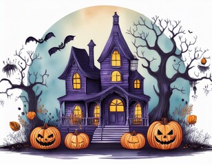 Set of cute watercolor Halloween's Day elements. Isolated on white background. Can be used for Halloween's day, greeting cards and invitations. Hand drawn watercolor illustration.