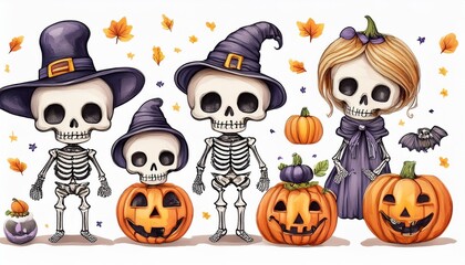 Fototapeta premium Set of cute watercolor Halloween's Day elements. Isolated on white background. Can be used for Halloween's day, greeting cards and invitations. Hand drawn watercolor illustration.