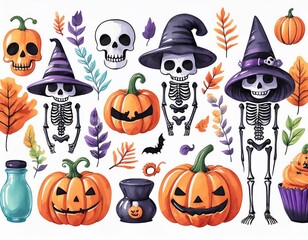 Fototapeta premium Set of cute watercolor Halloween's Day elements. Isolated on white background. Can be used for Halloween's day, greeting cards and invitations. Hand drawn watercolor illustration.
