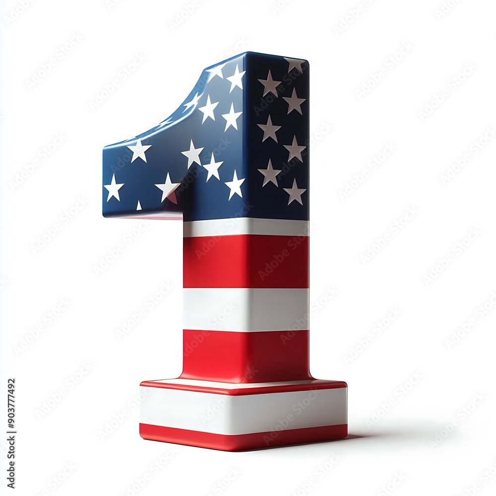 Poster a large number 1 with the american flag on it isolated on white background.