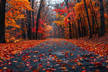 Fototapeta premium Road full of fallen leaves from the trees. Autumn colors.