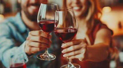 Male and Female in Formal Attire Clinking Glasses of Red Wine with a Focus on Wine Glasses and a Blurred Background