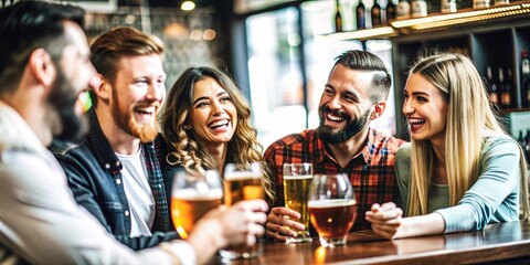 A group of cheerful friends are having a great time together at a pub, laughing and enjoying their drinks. The image captures the joy of friendship and socializing over a few beers.