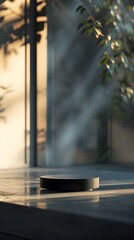 empty table with close up product display podium