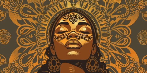 A woman with bold and colorful gold face paint, ideal for fantasy or creative projects