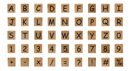 PNG Alphabet , number and symbol on wooden block collection for decoration.