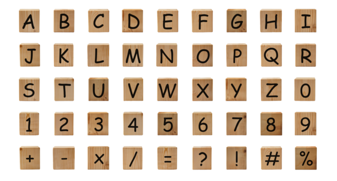 PNG Alphabet , number and symbol on wooden block collection for decoration. - Powered by Adobe