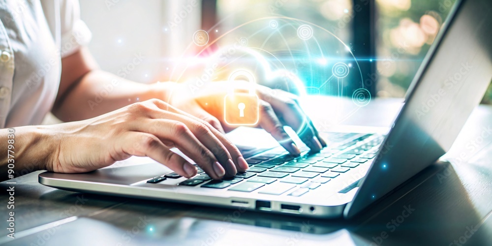 Fototapete secure cloud computing concept. close-up view of hands typing on a laptop with a glowing cloud compu