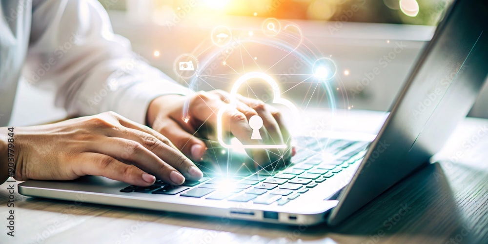 Fototapete secure cloud computing concept. close-up view of hands typing on a laptop with a glowing cloud compu