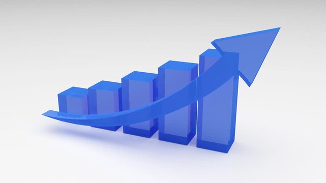 3d Animation of a Dynamic blue bar graph rising with an upward arrow, symbolizing business growth and success	