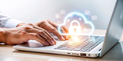 Secure Cloud Computing Concept. Close-up view of hands typing on a laptop with a glowing cloud computing icon, symbolizing internet security and data protection.