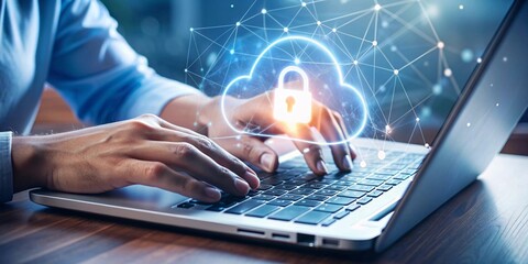 Secure Cloud Computing Concept. Close-up view of hands typing on a laptop with a glowing cloud computing icon, symbolizing internet security and data protection.