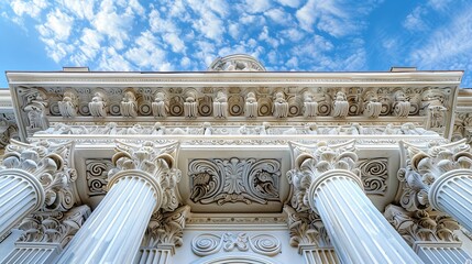 Fototapeta premium A stunning low-angle view of a classical architectural facade featuring intricately carved Corinthian columns and detailed decorative elements.