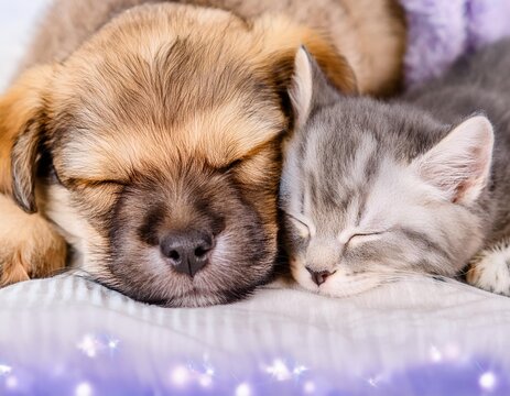 Bonito y tierno primer plano de un perrito y un gatito amigos durmiendo juntos. Animales y cachorros tiernos