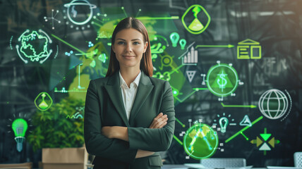 A businesswoman presenting a green business strategy to her team, with emphasis on carbon neutrality and emission reduction. Ai generated