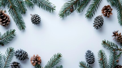 Winter Pine Cones and Evergreen Branches on White Background