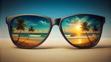 Sunglasses Reflecting Tropical Beach Sunset, Vibrant Summer Vacation Concept with Copy Space