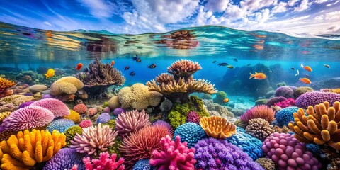 Vibrant Underwater Ecosystem in Sunlit Coral Reef. A stunning view of a colorful coral reef bustling with marine life under the clear blue water illuminated by sunbeams.