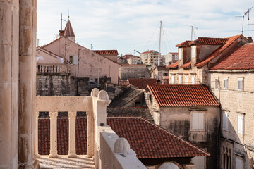 Picturesque aerial view from rooftop viewing point of bell tower St Lawrence of historic coastal...