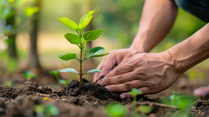 A close-up of hands planting a tree sapling, symbolizing sustainable development and environmental goals. Ai generated