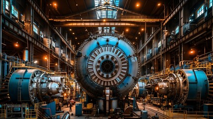 Obraz premium A large piece of industrial machinery dominates the center of a spacious and well-lit factory. The setting features high ceilings with skylights, extensive metal framework.
