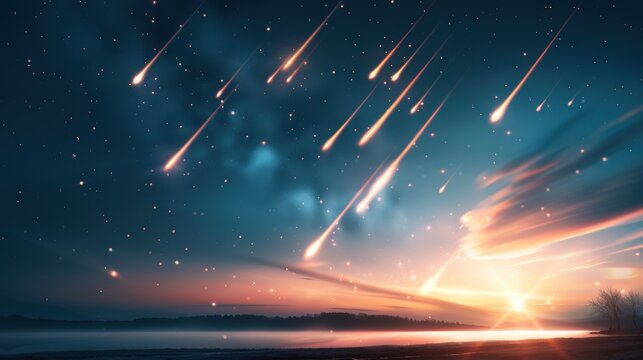 A surreal view of asteroids and comets streaking through a starry sky, symbolizing the celestial dance within our solar system