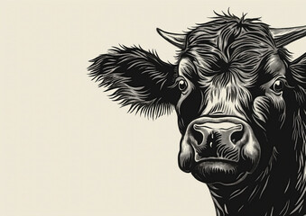 Cow, bull, farm. Vintage retro print, black white cow sketch ink pencil style drawing, engrave old school. Sketch artwork silhouette farm cow, white background. Side view profile. Illustration