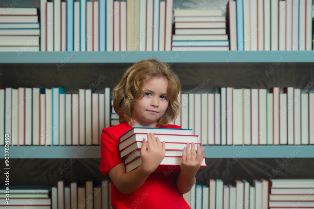 Poster little student on school library. child reading book at school. nerd pupil studying at school. cleve