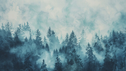A foggy forest landscape captured in a watercolor style, evoking the serene and mystical atmosphere of wintertime nature. Ai generated