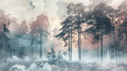A foggy forest landscape captured in a watercolor style, evoking the serene and mystical atmosphere of wintertime nature. Ai generated