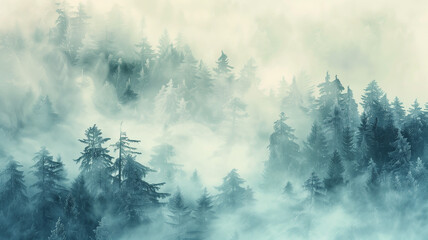 A foggy forest landscape captured in a watercolor style, evoking the serene and mystical atmosphere of wintertime nature. Ai generated