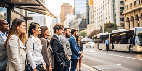 Fototapeta premium Commuters Waiting at Urban Bus Stop. A group of diverse business professionals stand together at a city bus stop, waiting for public transportation.