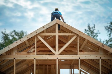 A worker stands on the roof of a house under construction. This photo shows the construction of a house, emphasizing the wooden framing and structure.