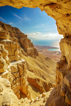 Vista di canyon desertico da grotta soleggiata