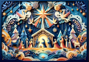 Obraz premium Navidad Infantil en Papercut Fotografía Hiperrealista, Ilustración 3D, Ai