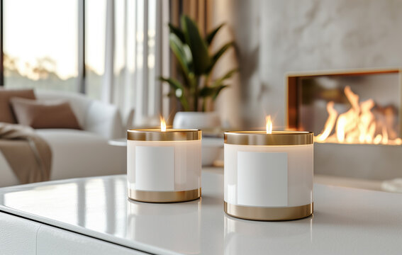 Two elegant scented candle jars with blank labels sit on table in the cozy living room with fireplace, enhancing warm, tranquil ambiance.