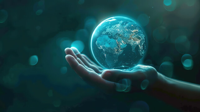Hand holding blue hologram globe with blue light.