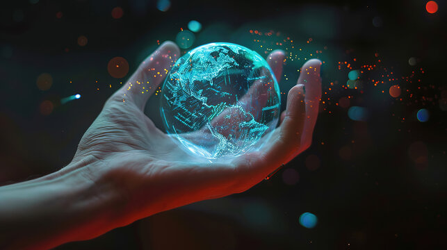Hand holding blue hologram globe with blue light.