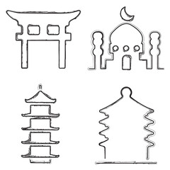 oriental architecture icon set, brush strokes on a white background. Vector illustration.
