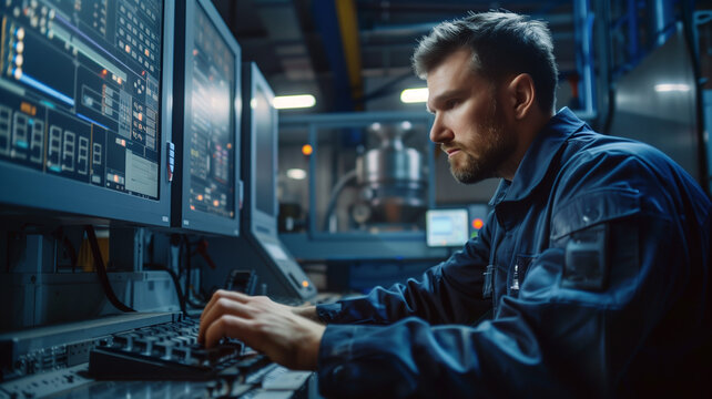 An engineer programming a CNC machine through a digital interface. Ai generated