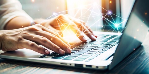 A close-up view of hands typing on a laptop, surrounded by futuristic digital icons representing data analysis, graphs, and technology. This image illustrates the fusion of human effort.