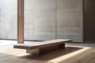 Minimalist Wooden Bench Interior Design Concrete Wall