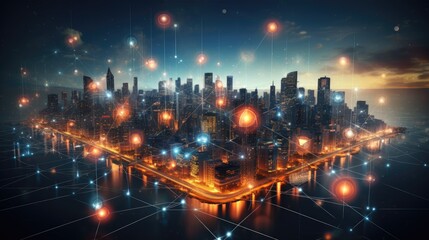 Fototapeta premium Abstract representation of digital business networks connecting through a virtual cityscape