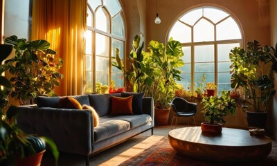 Fototapeta premium sunlit living room features blue sofa, potted plants, and wooden coffee table, with large arched windows