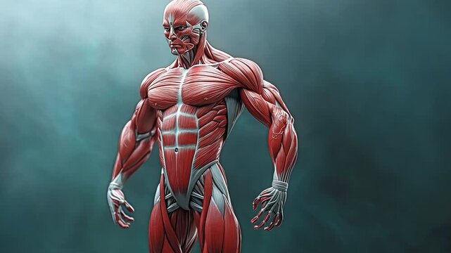 Man's muscular structure posed against a backdrop