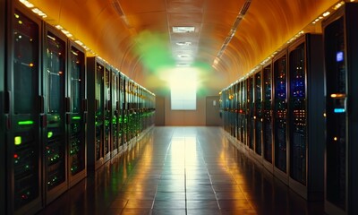Fototapeta premium long, dimly lit hallway with rows computer servers on either side, illuminated by bright light at the end.