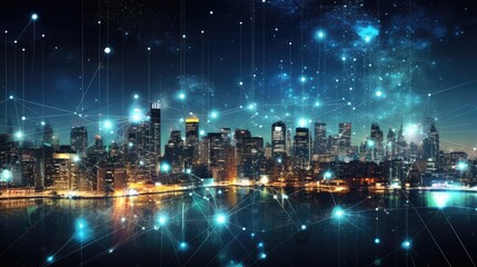 Obraz premium Abstract representation of digital business networks connecting through a virtual cityscape